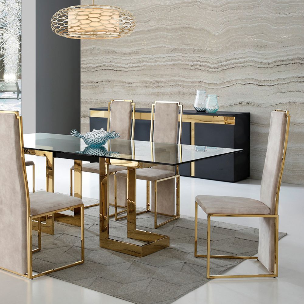 lifestyle Sumo Upholstered Beige Fabric Polished Stainless Steel Frame Dining Chair, goldstardining.com
