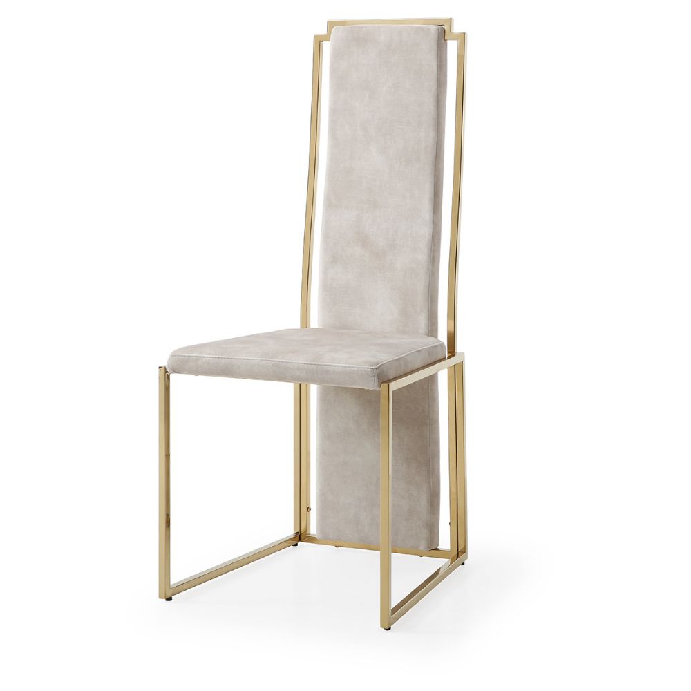 Sumo Upholstered Beige Fabric Polished Stainless Steel Frame Dining Chair. goldstardining.com