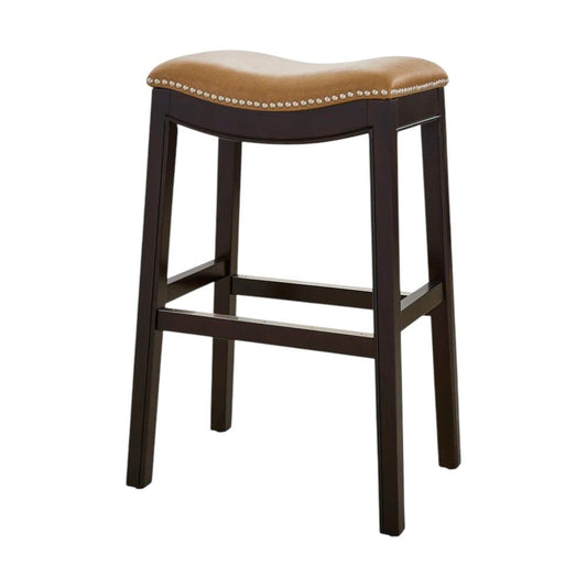 31" Tan and Espresso Faux Leather and Solid Wood Backless Counter Height Bar Chair