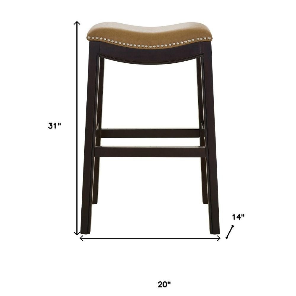 31" Tan and Espresso Faux Leather and Solid Wood Backless Counter Height Bar Chair
