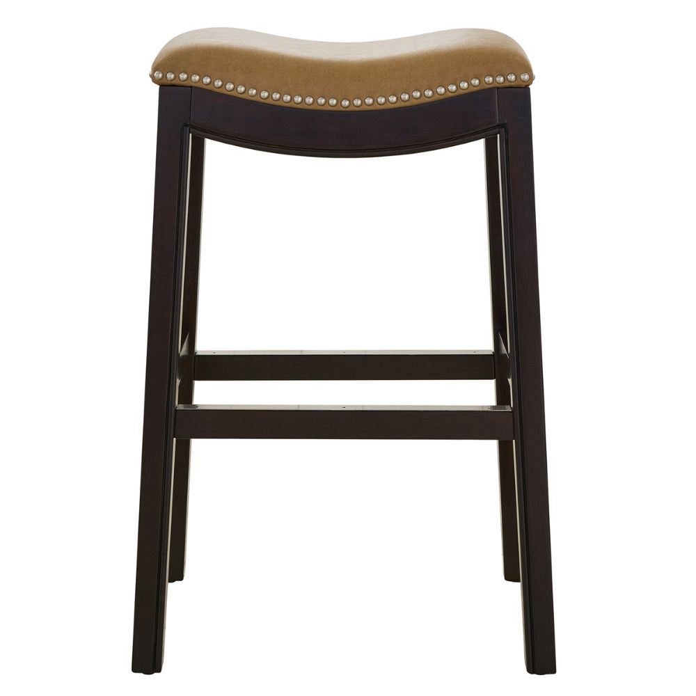 31" Tan and Espresso Faux Leather and Solid Wood Backless Counter Height Bar Chair