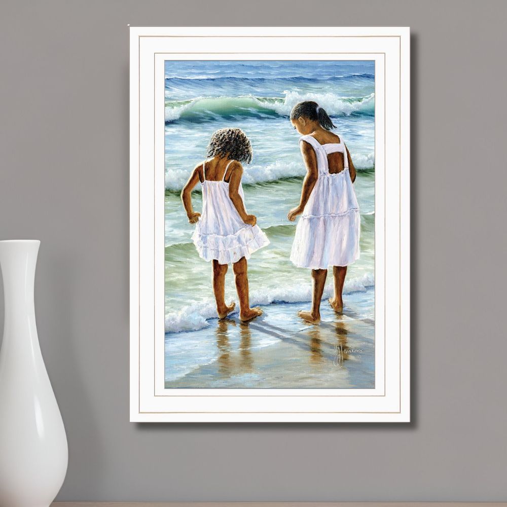 Two Girls at the Beach 2 White Framed Print Wall Art