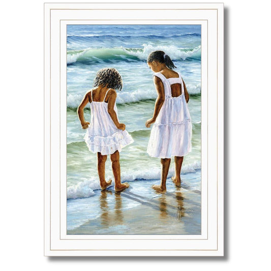 Two Girls at the Beach 2 White Framed Print Wall Art
