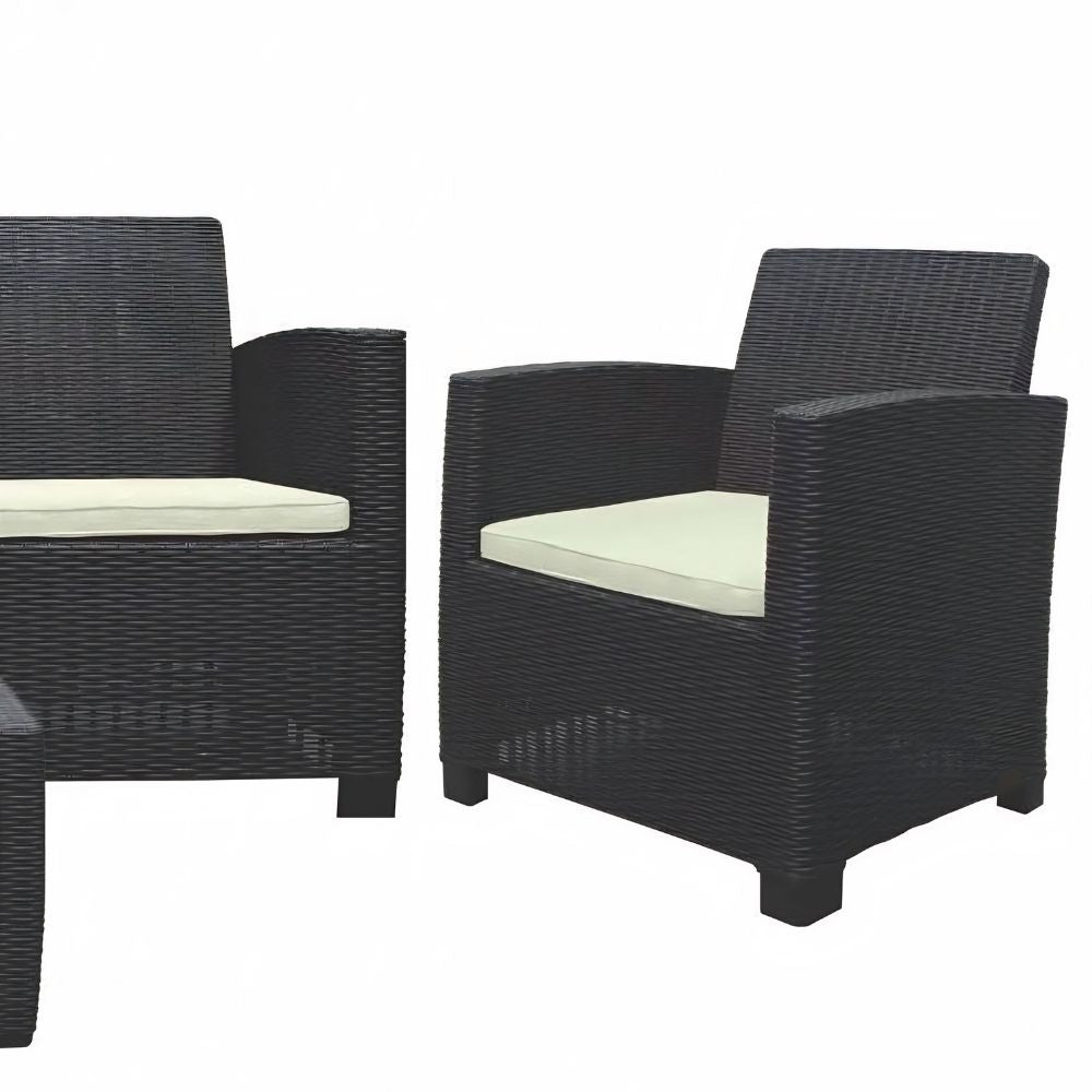 Four Piece Espresso and Beige Plastic Upholstered Cushions Sofa Seating Group With Table