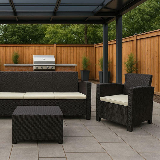 Four Piece Espresso and Beige Plastic Upholstered Cushions Sofa Seating Group With Table