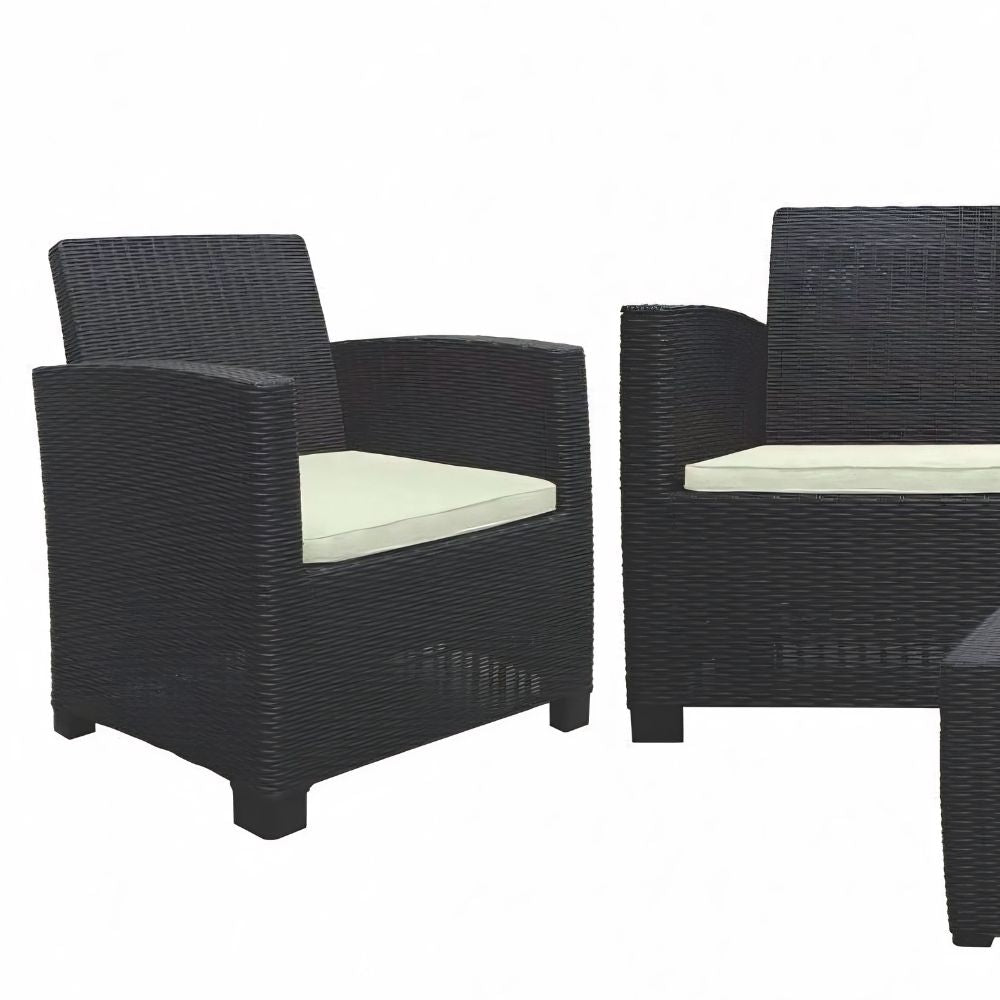 Four Piece Espresso and Beige Plastic Upholstered Cushions Sofa Seating Group With Table