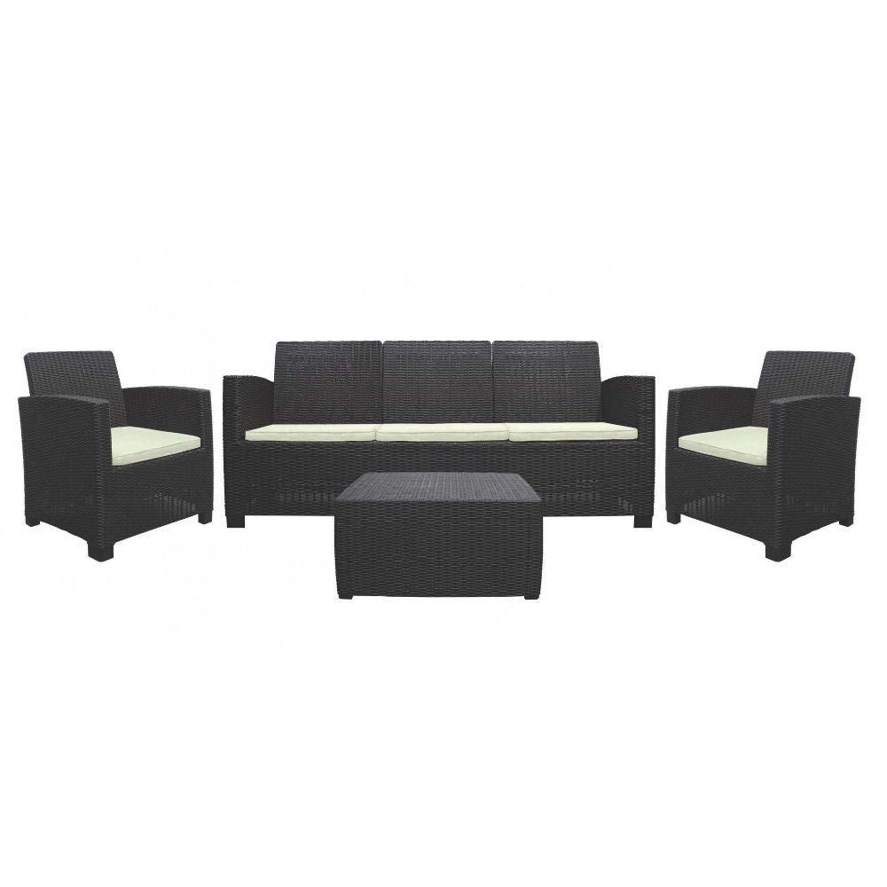 Four Piece Espresso and Beige Plastic Upholstered Cushions Sofa Seating Group With Table