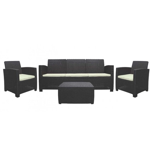 Four Piece Espresso and Beige Plastic Upholstered Cushions Sofa Seating Group With Table