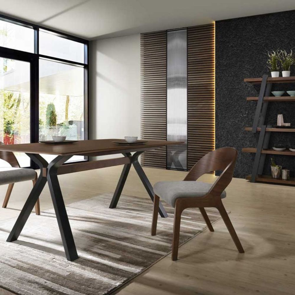 Set of Two Gray and Brown Upholstered Fabric Curved Back Dining Side Chairs