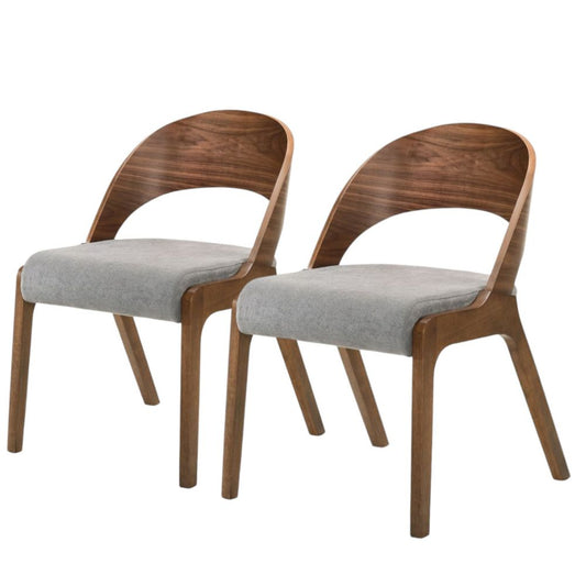 Set of Two Gray and Brown Upholstered Fabric Curved Back Dining Side Chairs