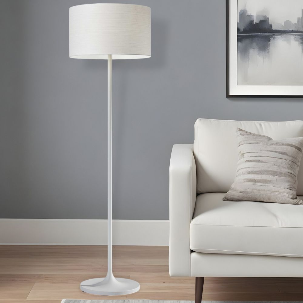 60" White Floor Lamp With White Fabric Drum Shade