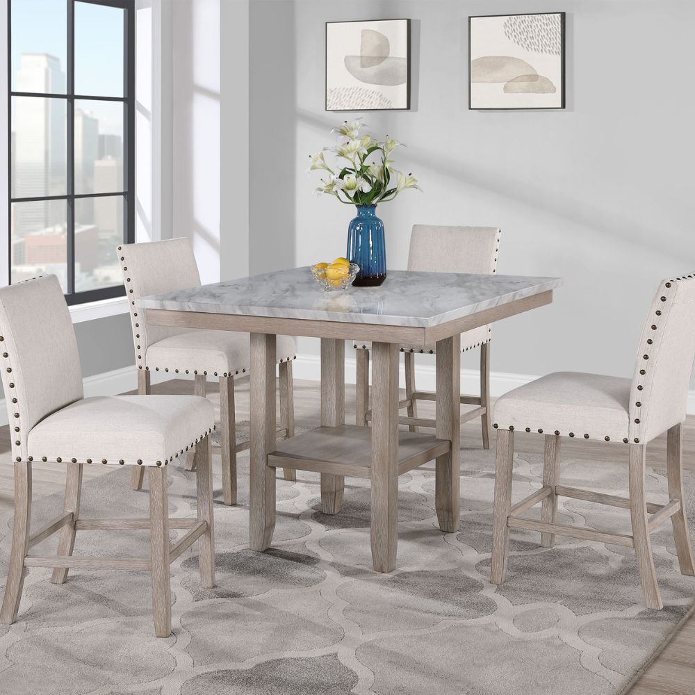 42" White and Natural Faux Marble and Wood Square Bar Table