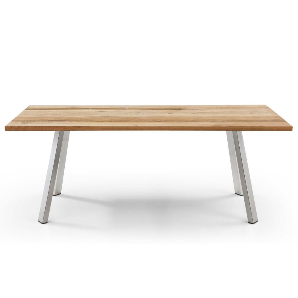 front Rhea Teak Wood Top 79" Outdoor Dining Table, goldstardining.com
