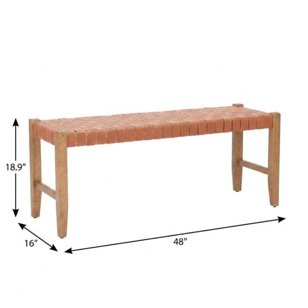48" Tan/Brown and Natural Genuine Leather and Solid Wood Upholstered Dining Bench