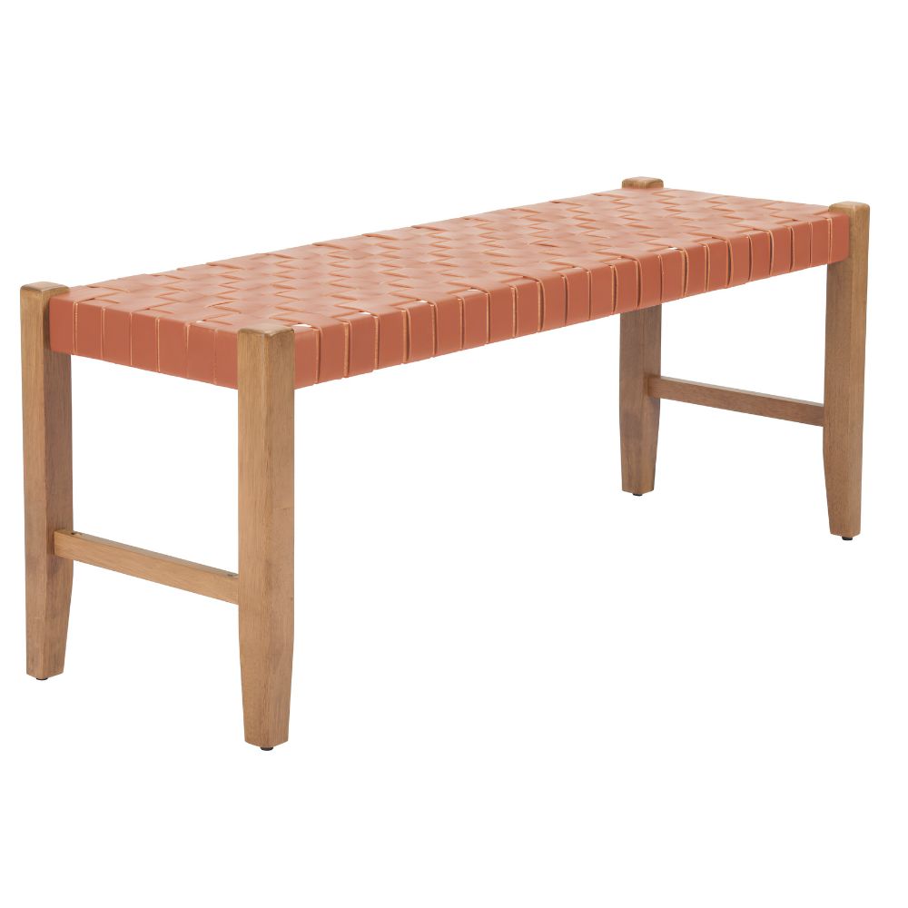 48" Tan/Brown and Natural Genuine Leather and Solid Wood Upholstered Dining Bench