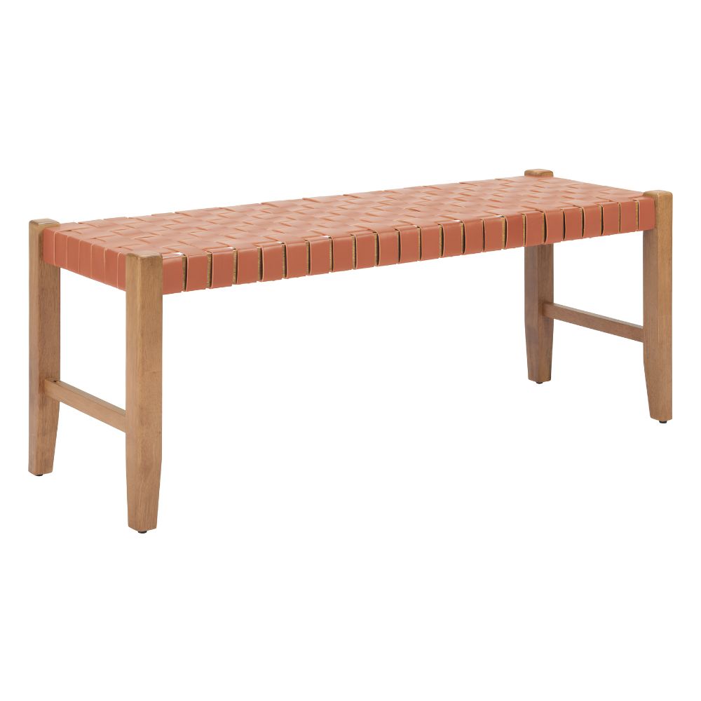 48" Tan/Brown and Natural Genuine Leather and Solid Wood Upholstered Dining Bench