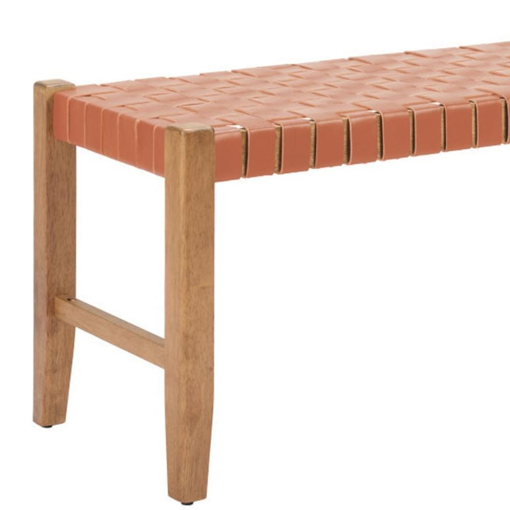 48" Tan/Brown and Natural Genuine Leather and Solid Wood Upholstered Dining Bench