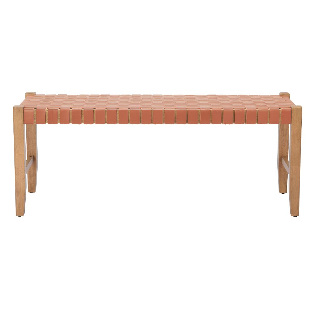 48" Tan/Brown and Natural Genuine Leather and Solid Wood Upholstered Dining Bench