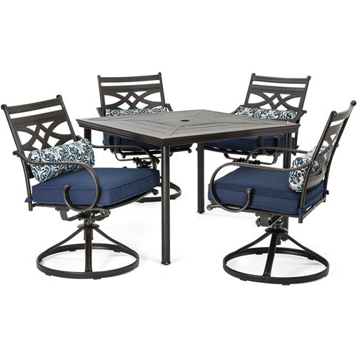 Hanover Montclair5pc: 4 Swivel Rockers, 40" Square Dining Table MCLRDN5PCSQSW4-NVY