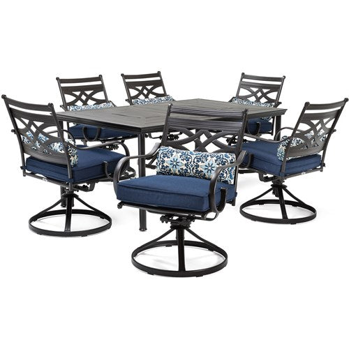 Hanover Montclair7pc: 6 Swivel Rockers, 40x66" Dining Table MCLRDN7PCSQSW6-NVY