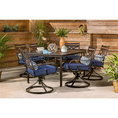 Hanover Montclair7pc: 6 Swivel Rockers, 40x66" Dining Table MCLRDN7PCSQSW6-NVY