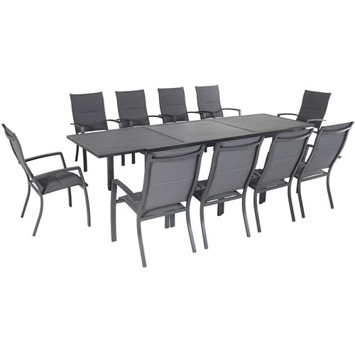 Hanover Naples11pc: 10 High Back Padded Sling Chairs, Aluminum Extension Table NAPDN11PCHB-GRY