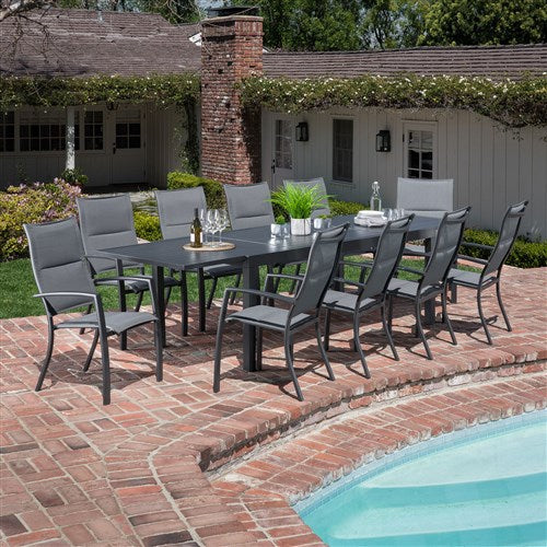 Hanover Naples11pc: 10 High Back Padded Sling Chairs, Aluminum Extension Table NAPDN11PCHB-GRY