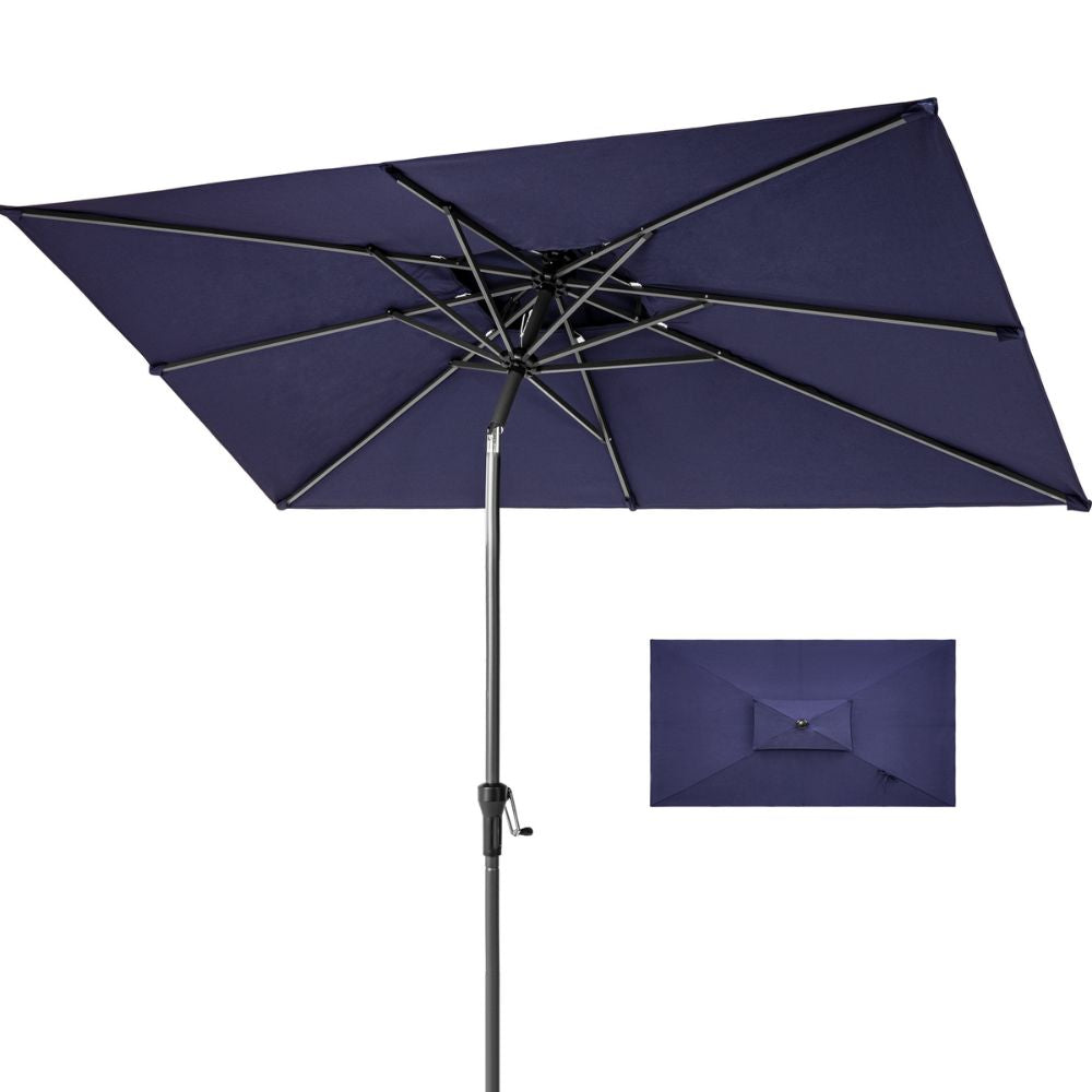 10' Navy Polyester Rectangular Tilt Market Patio Umbrella With Stand