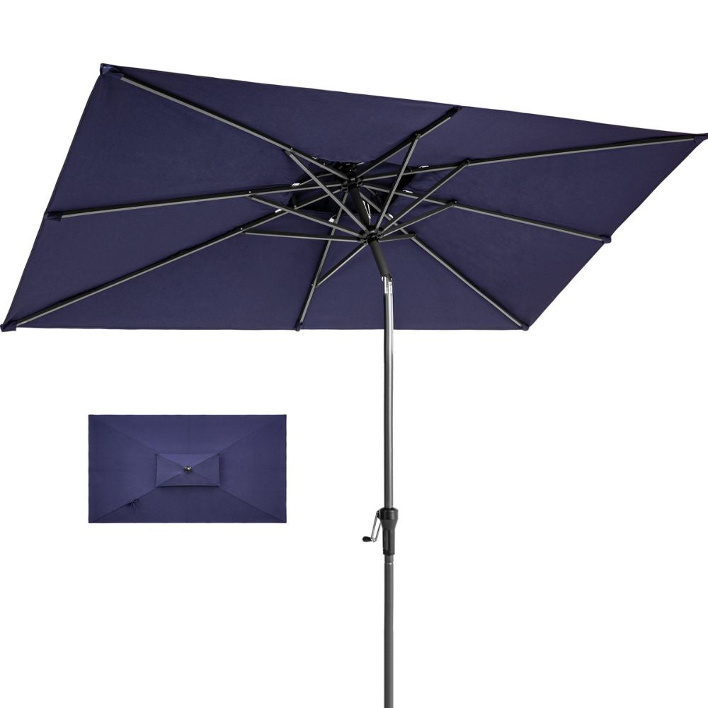 10' Navy Polyester Rectangular Tilt Market Patio Umbrella With Stand
