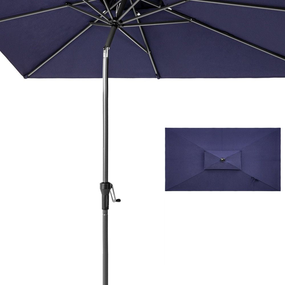 10' Navy Polyester Rectangular Tilt Market Patio Umbrella With Stand