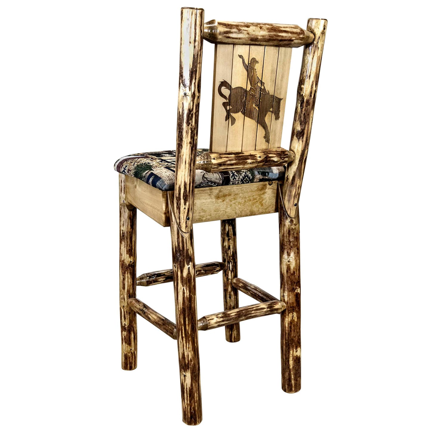 Montana Glacier Country Collection Counter Height Barstool w/ Back - Woodland Upholstery/ w/ Laser Engraved