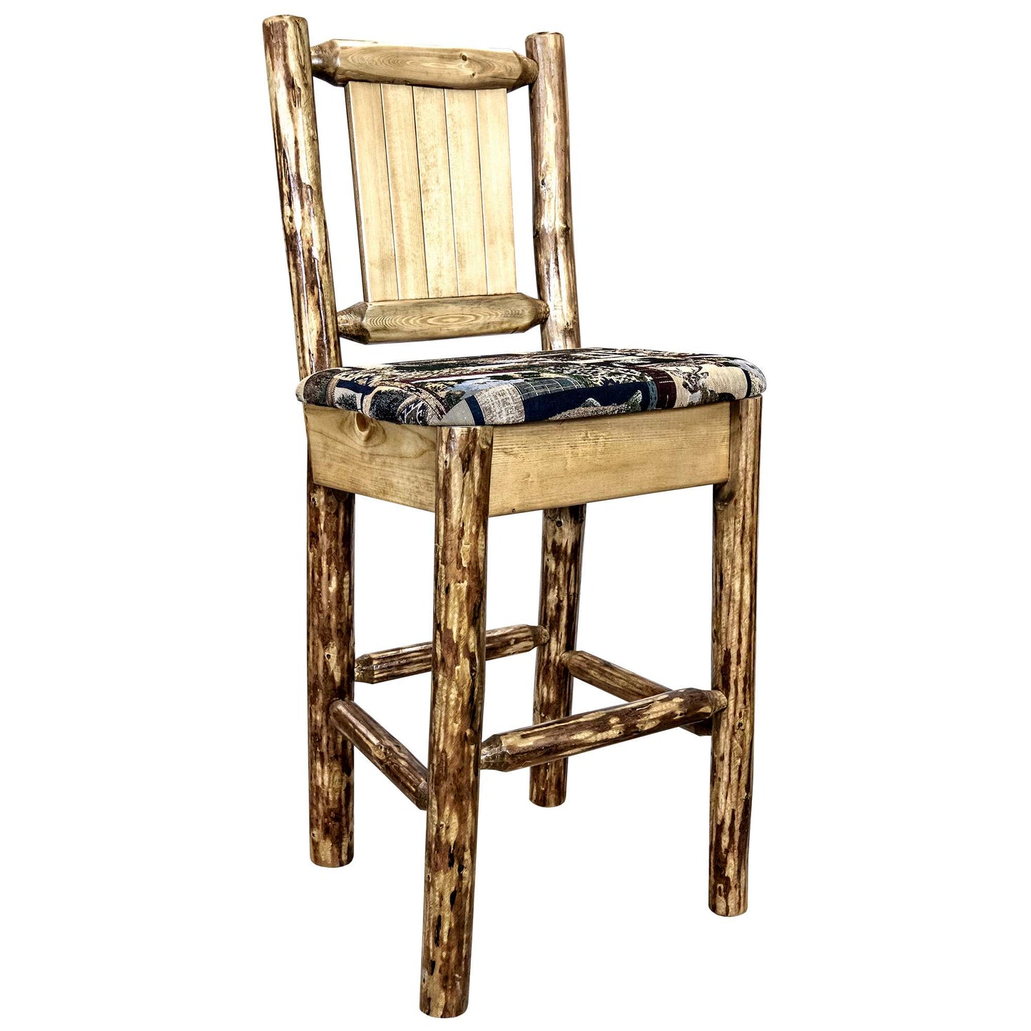 Montana Glacier Country Collection Counter Height Barstool w/ Back - Woodland Upholstery/ w/ Laser Engraved