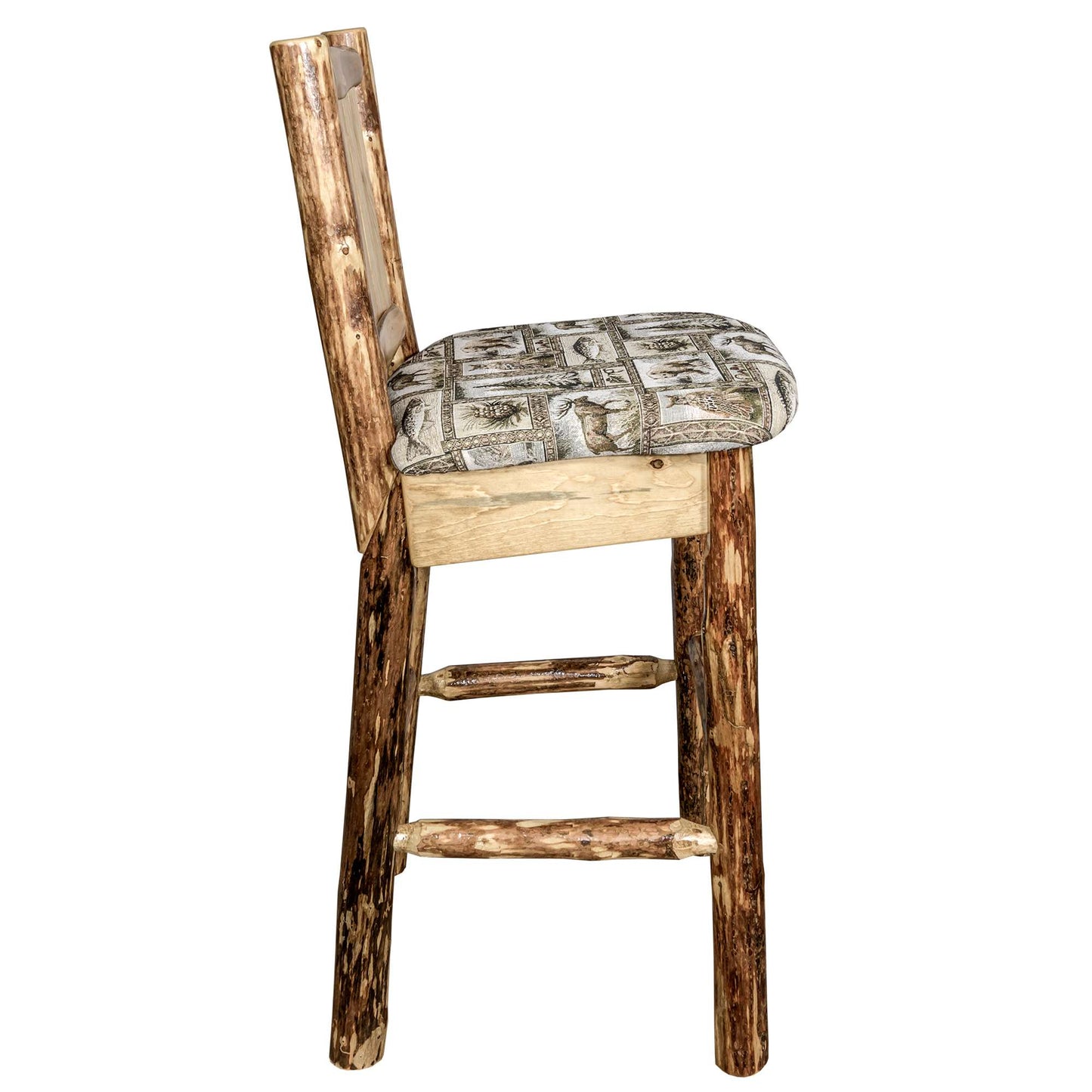 Montana Glacier Country Collection Counter Height Barstool w/ Back - Woodland Upholstery/ w/ Laser Engraved