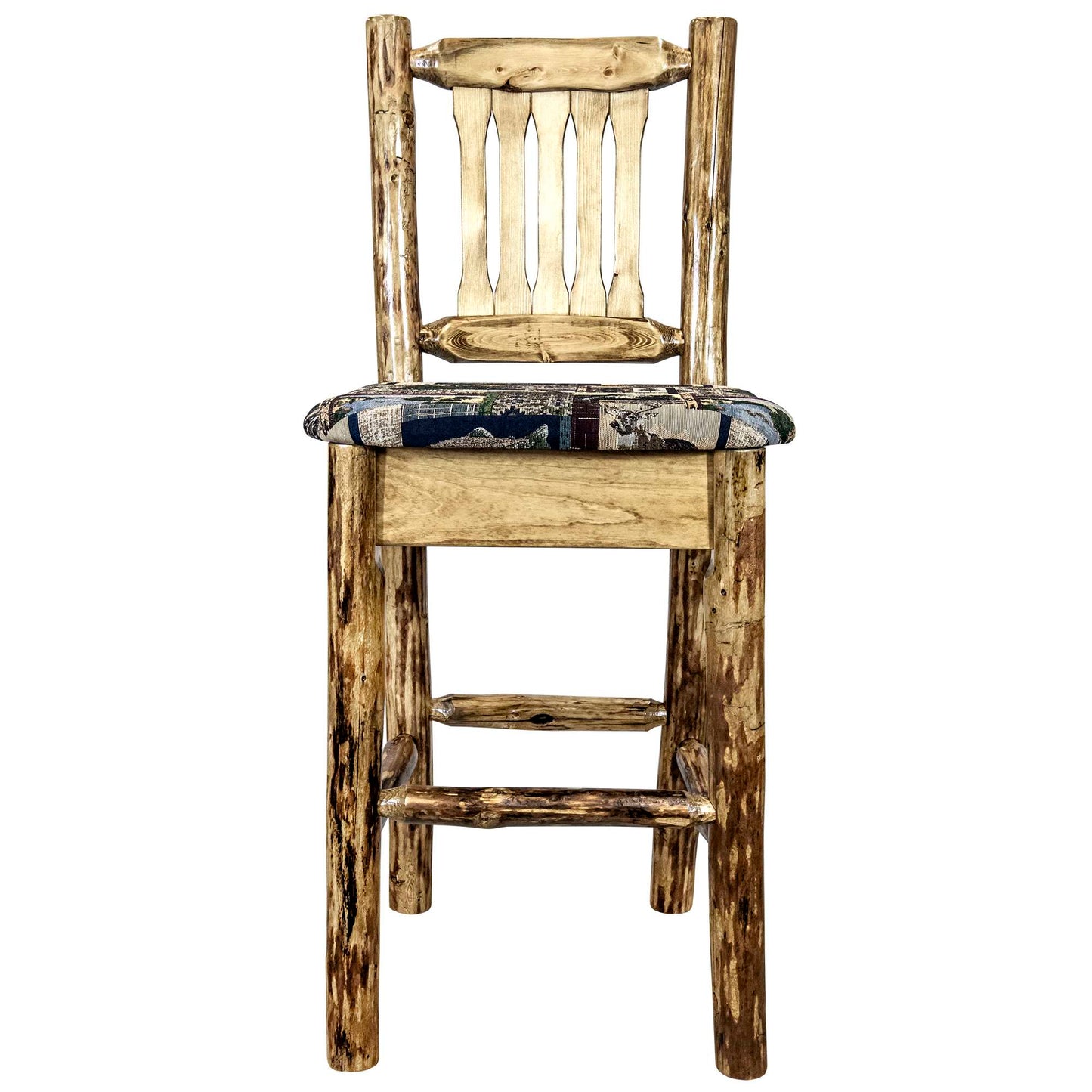 Montana Glacier Country Collection Counter Height Barstool w/ Back - Woodland Upholstery/ w/ Laser Engraved