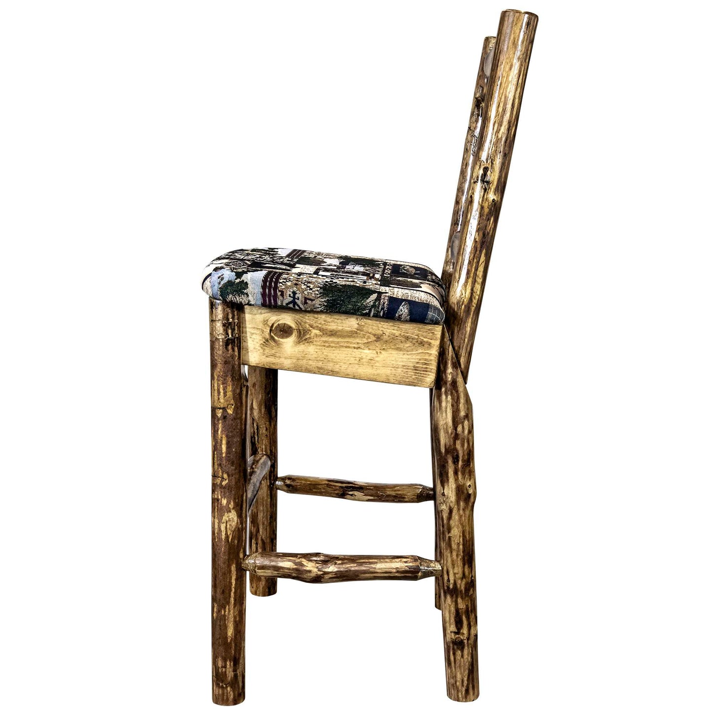 Montana Glacier Country Collection Counter Height Barstool w/ Back - Woodland Upholstery/ w/ Laser Engraved