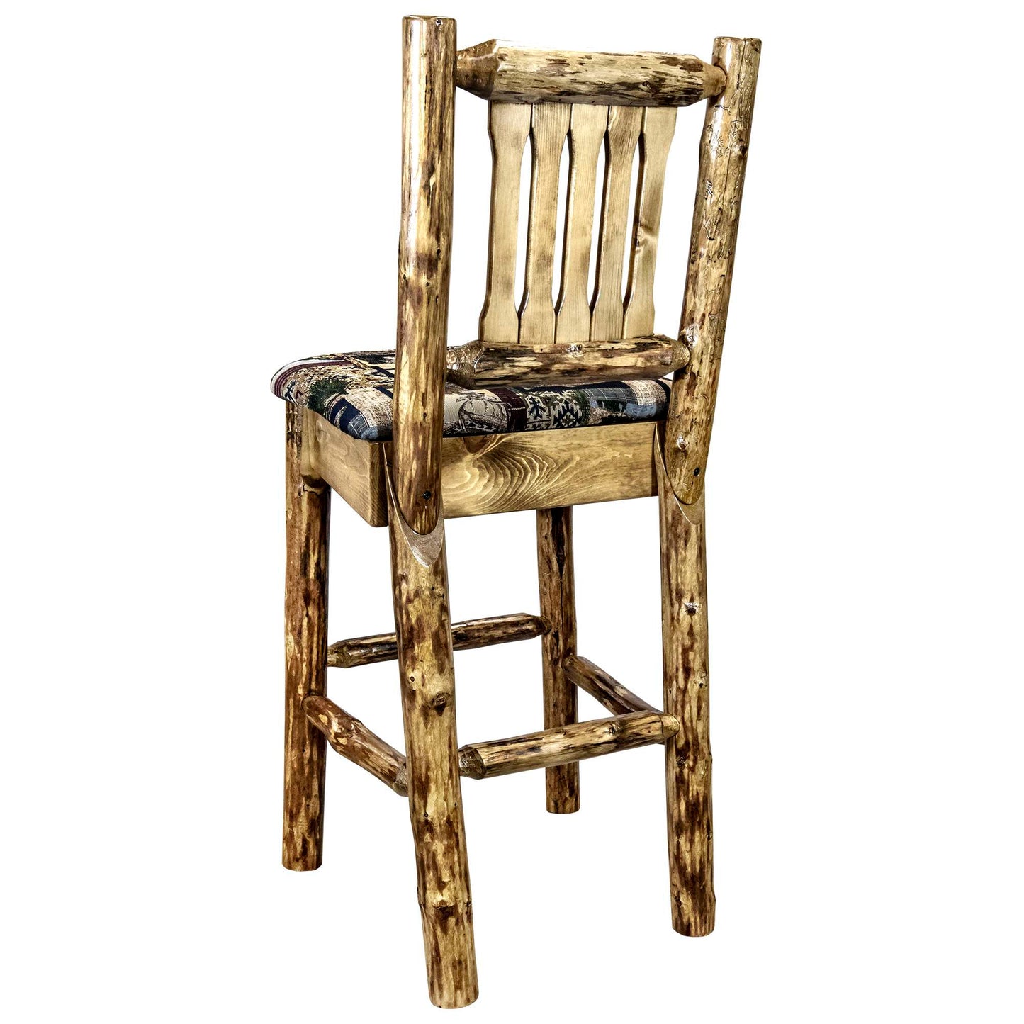 Montana Glacier Country Collection Counter Height Barstool w/ Back - Woodland Upholstery/ w/ Laser Engraved