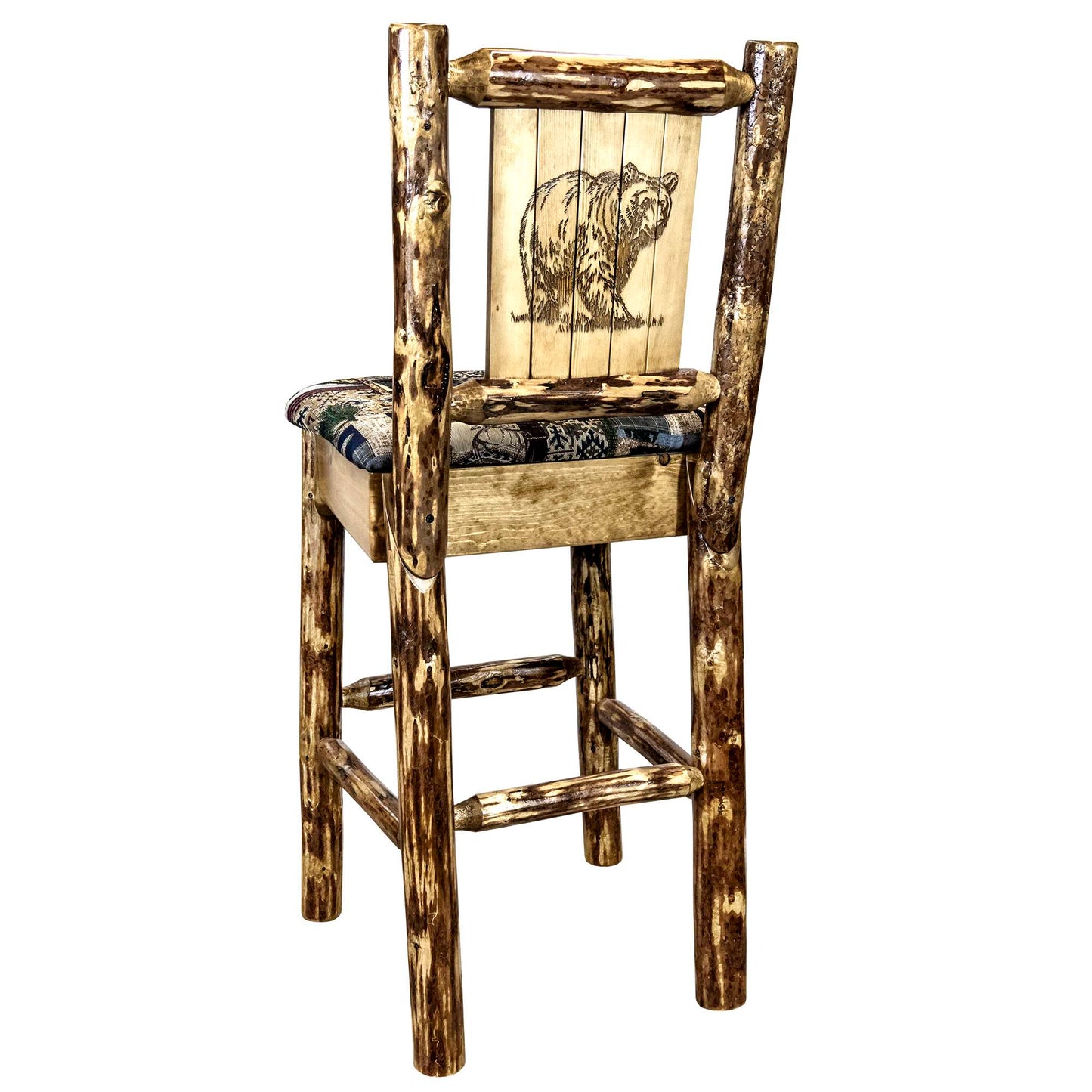 Montana Glacier Country Collection Counter Height Barstool w/ Back - Woodland Upholstery/ w/ Laser Engraved