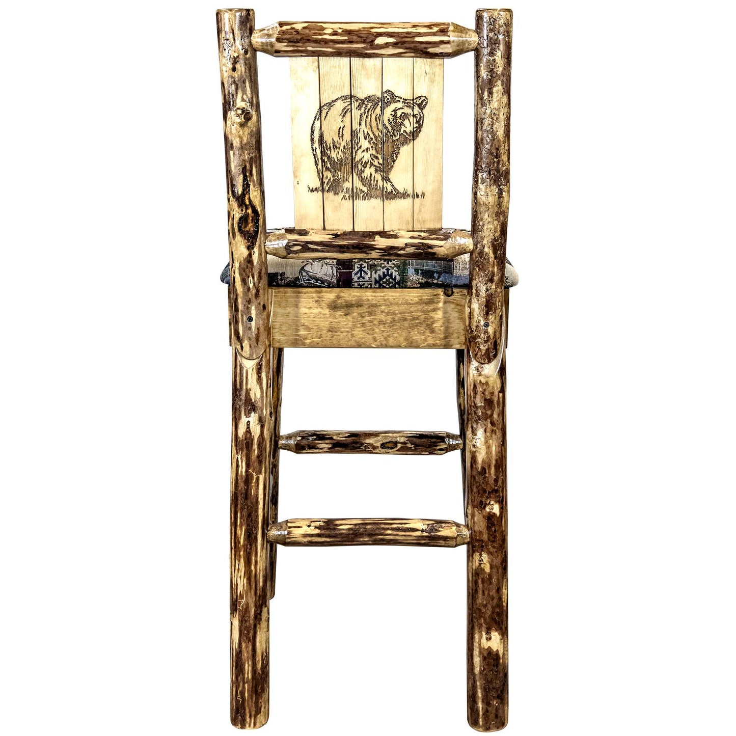 Montana Glacier Country Collection Counter Height Barstool w/ Back - Woodland Upholstery/ w/ Laser Engraved