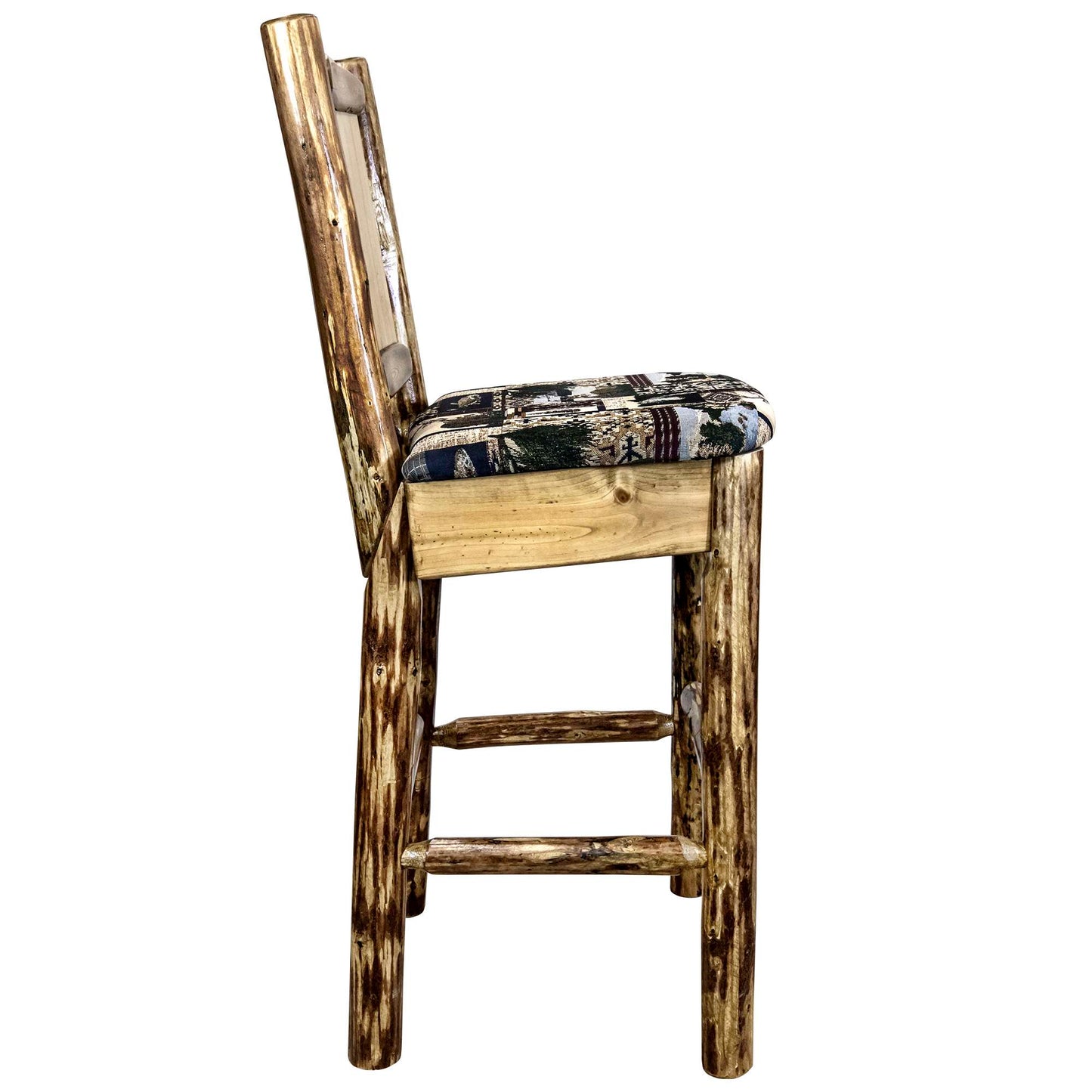 Montana Glacier Country Collection Counter Height Barstool w/ Back - Woodland Upholstery/ w/ Laser Engraved