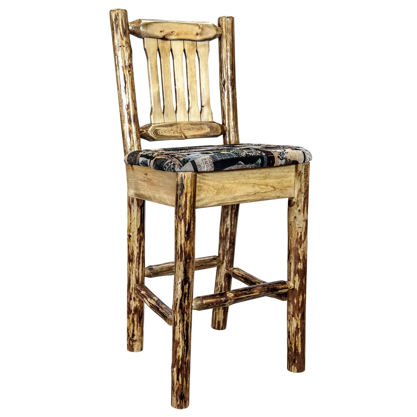 Montana Glacier Country Collection Counter Height Barstool w/ Back - Woodland Upholstery/ w/ Laser Engraved