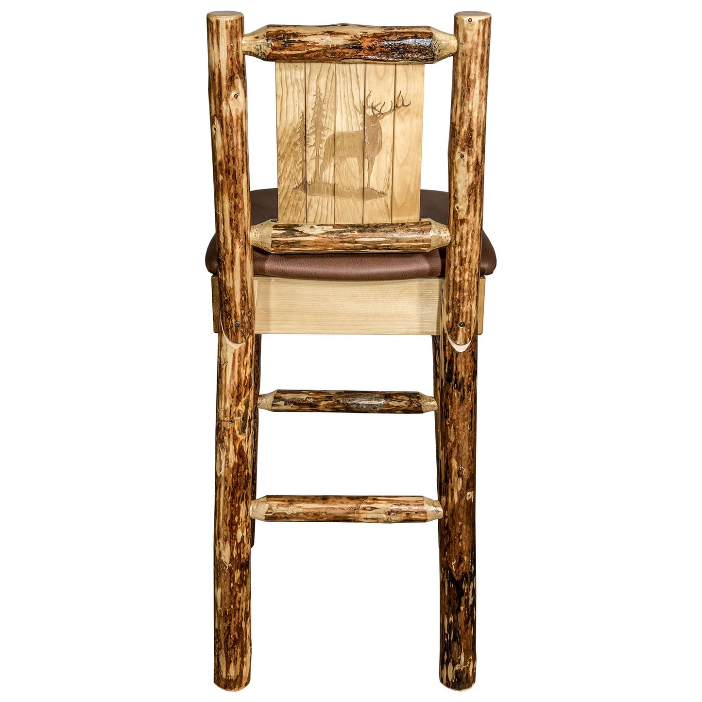 Montana Glacier Country Collection Counter Height Barstool w/ Back - Saddle Upholstery/ w/ Laser Engraved Design