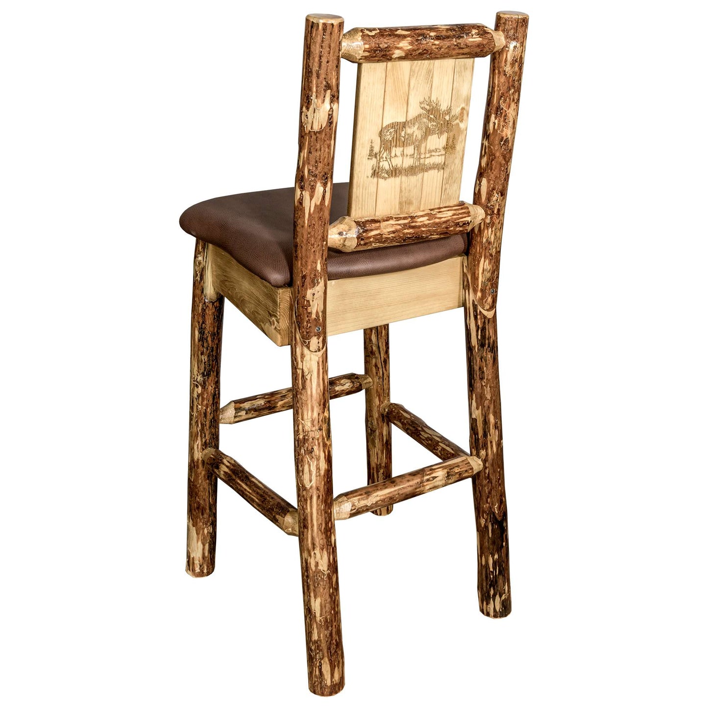 Montana Glacier Country Collection Counter Height Barstool w/ Back - Saddle Upholstery/ w/ Laser Engraved Design