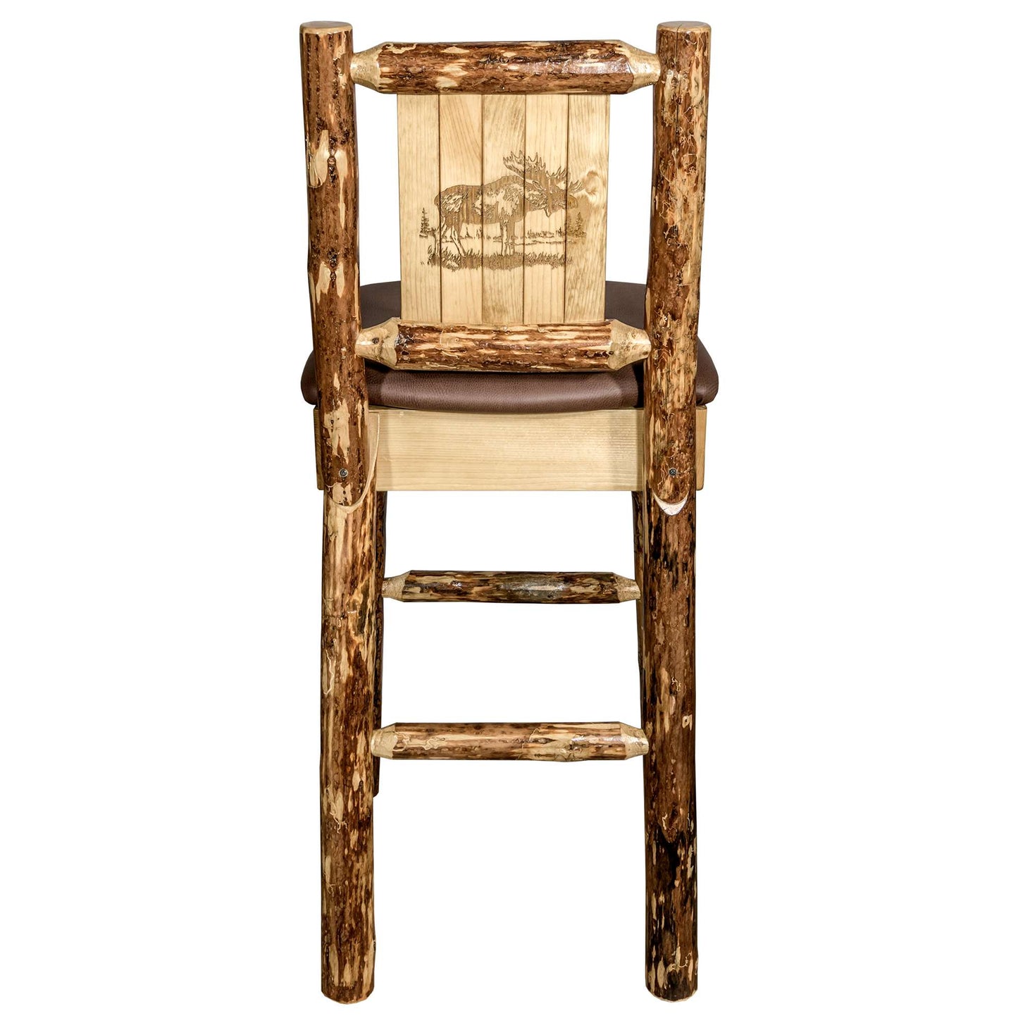 Montana Glacier Country Collection Counter Height Barstool w/ Back - Saddle Upholstery/ w/ Laser Engraved Design