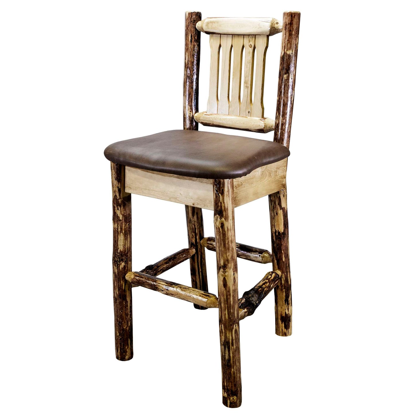 Montana Glacier Country Collection Counter Height Barstool w/ Back - Saddle Upholstery/ w/ Laser Engraved Design