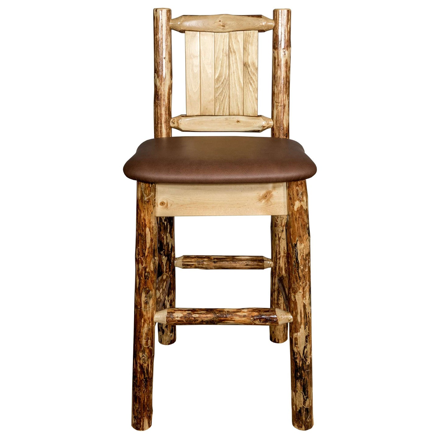 Montana Glacier Country Collection Counter Height Barstool w/ Back - Saddle Upholstery/ w/ Laser Engraved Design