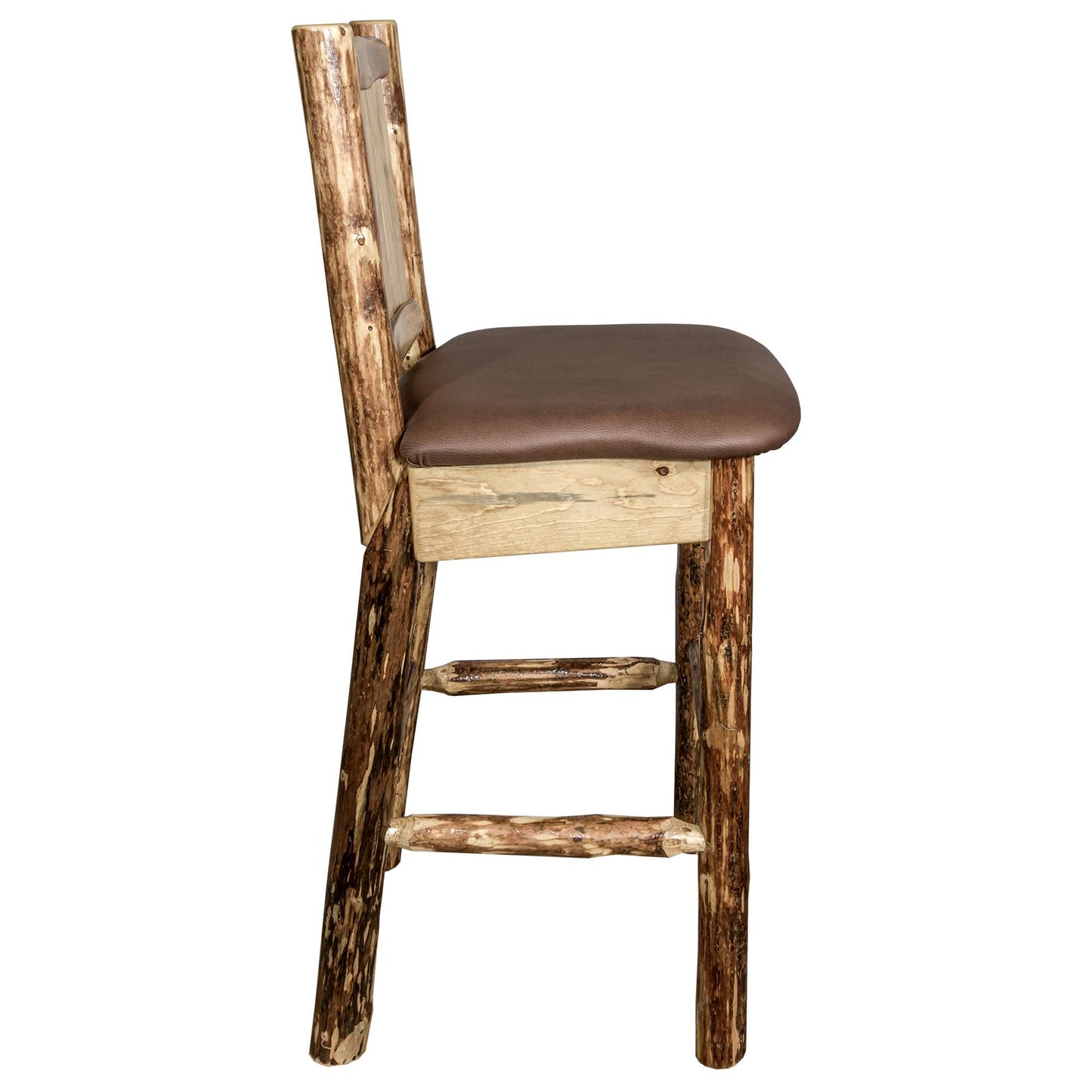 Montana Glacier Country Collection Counter Height Barstool w/ Back - Saddle Upholstery/ w/ Laser Engraved Design