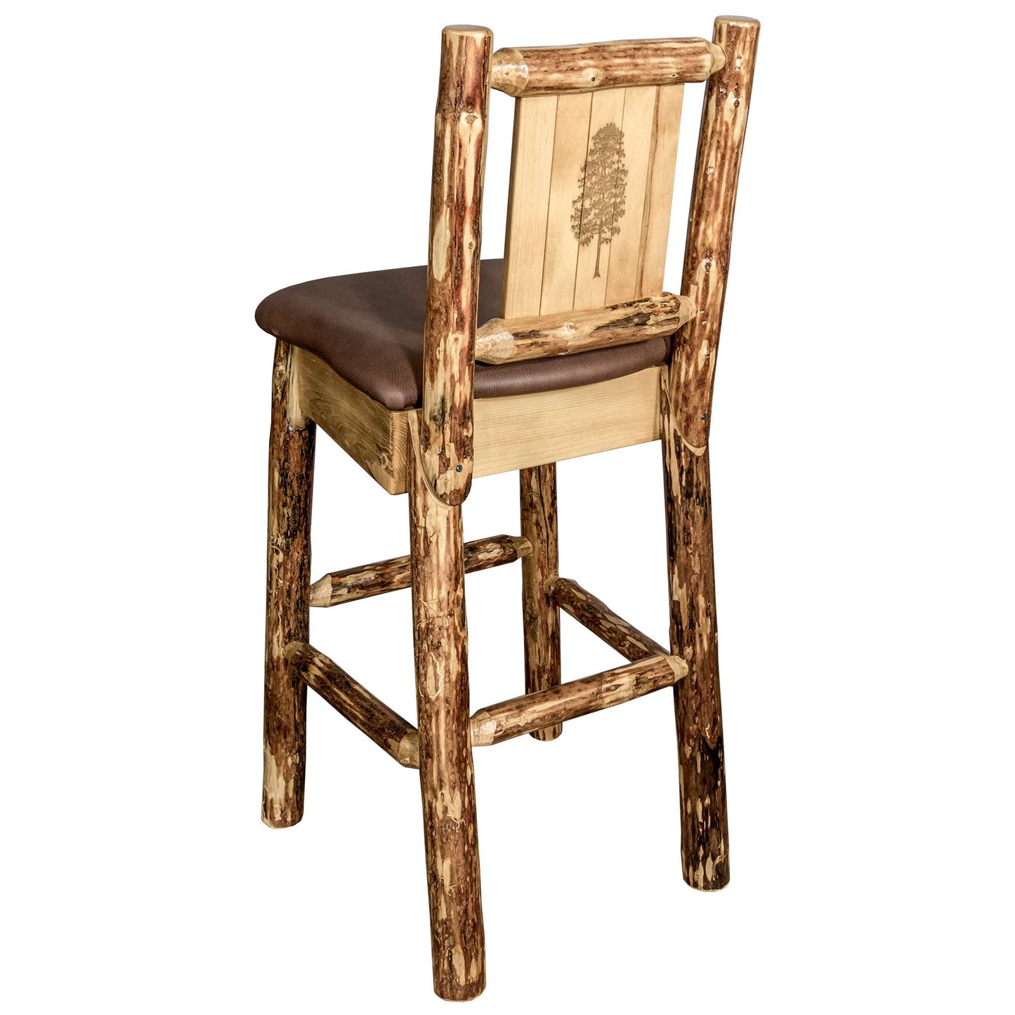 Montana Glacier Country Collection Counter Height Barstool w/ Back - Saddle Upholstery/ w/ Laser Engraved Design