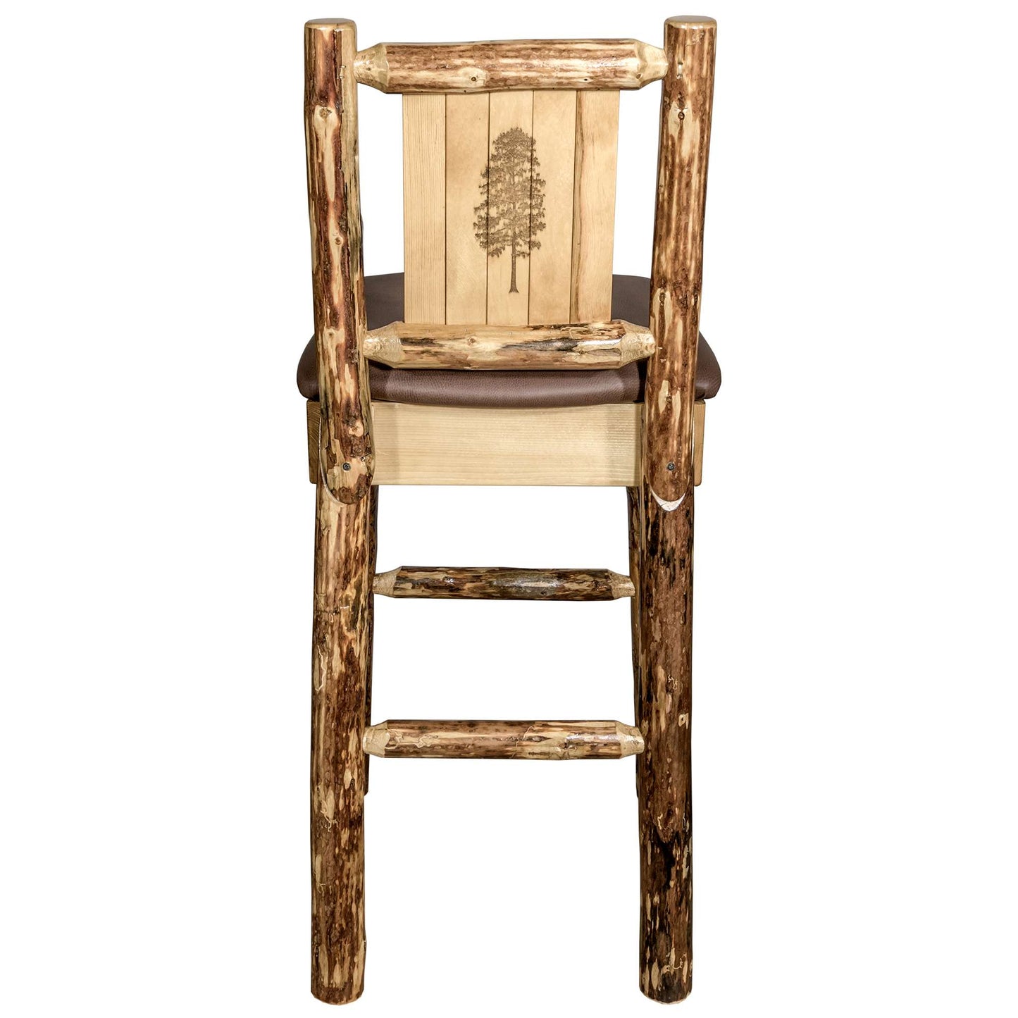 Montana Glacier Country Collection Counter Height Barstool w/ Back - Saddle Upholstery/ w/ Laser Engraved Design