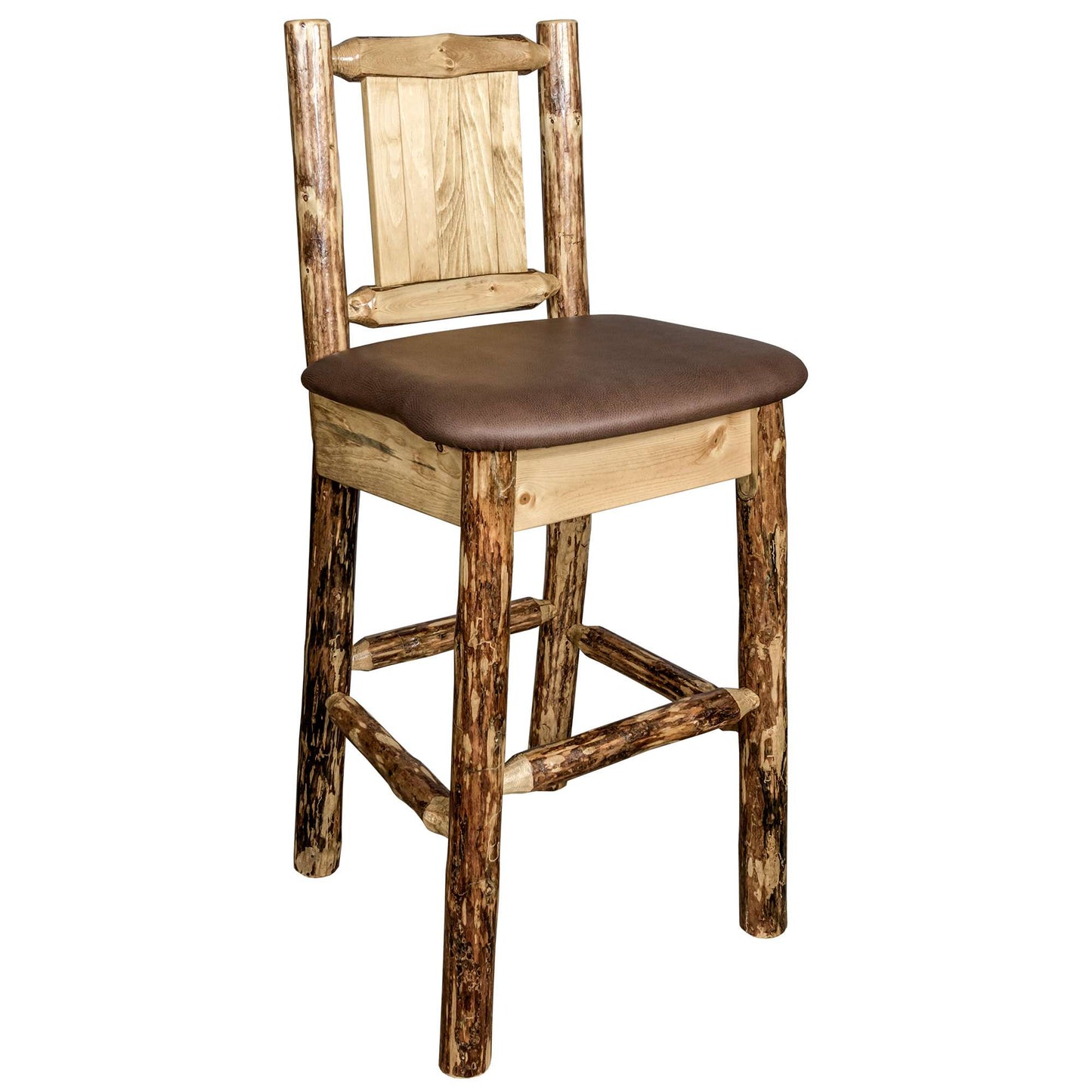 Montana Glacier Country Collection Counter Height Barstool w/ Back - Saddle Upholstery/ w/ Laser Engraved Design