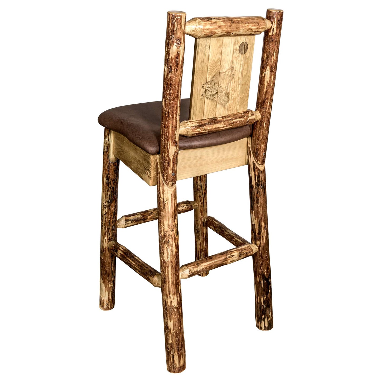 Montana Glacier Country Collection Counter Height Barstool w/ Back - Saddle Upholstery/ w/ Laser Engraved Design